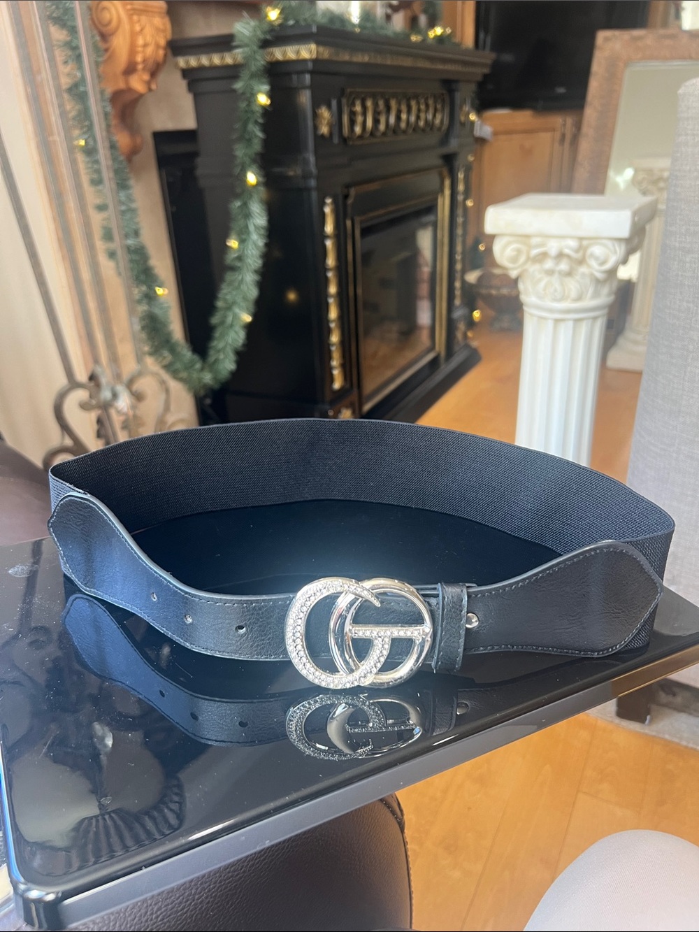 GG Collection Black Elastic Belt with Silver Double-G Crystal Buckle